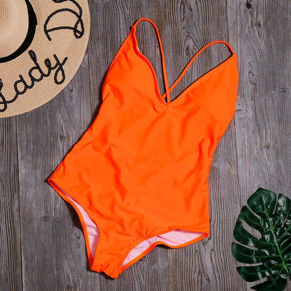 (L, orange) Women Solid Bikinis Sexy Bandage One Piece Backless Swimsuit Female Bathing Suits Bodysuit Beach Wear New Swim Suit Mono
