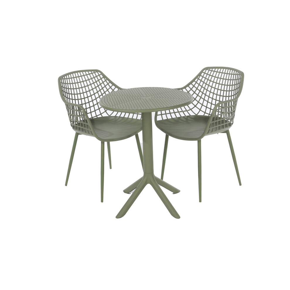Rimini Lattice Bistro Table and 2 Armchair Set - Plastic/Metal - L60 x W60 x H84 cm - Moss Green - Partially Assembled-image-OPC-PHSJ7YS-NEW