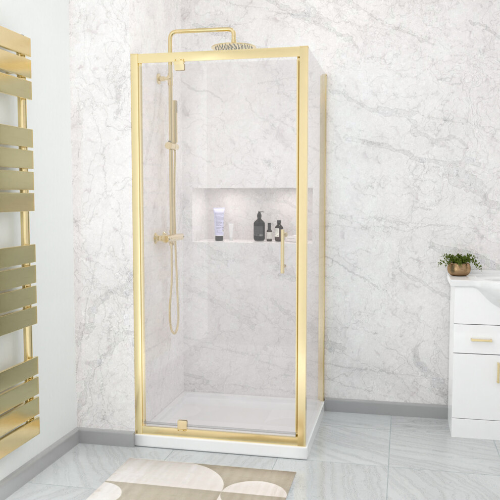 Nes Home Brushed Brass 760 x 760mm Pivot Door Shower Enclosure Panel & Tray-image-OPC-PHSJCXS-NEW