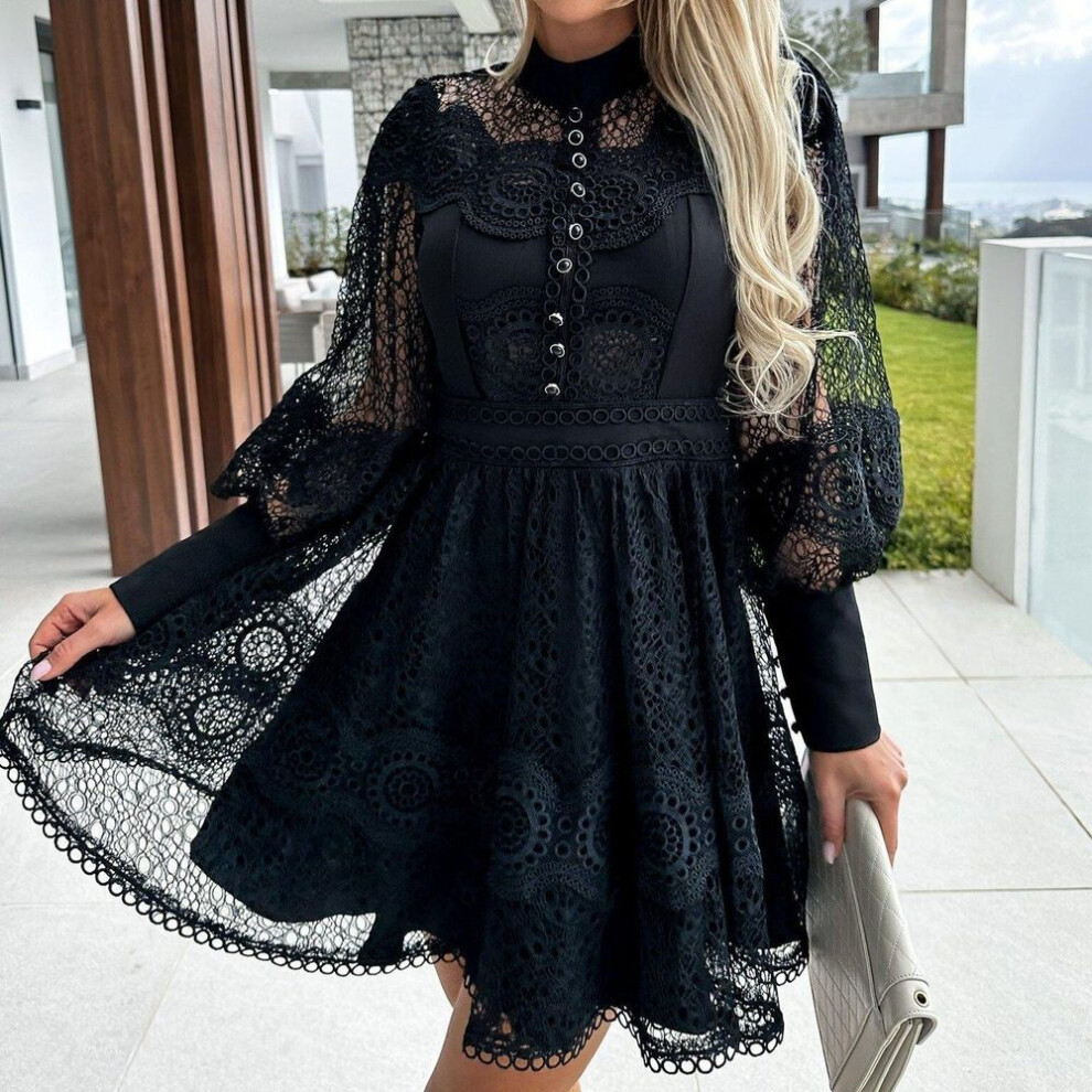 (black, XXL) Qiced Sexy Lace Lace Ins Style Long Sleeve Dress