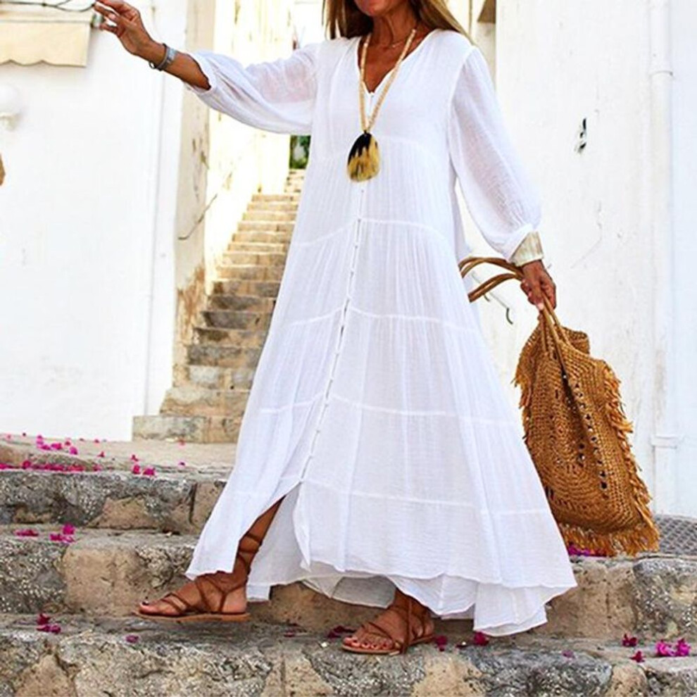 (white, M) Qiced Women's Summer Autumn Bohemia Solid Color V-neck Loose Long-sleeved Cotton Linen Dress