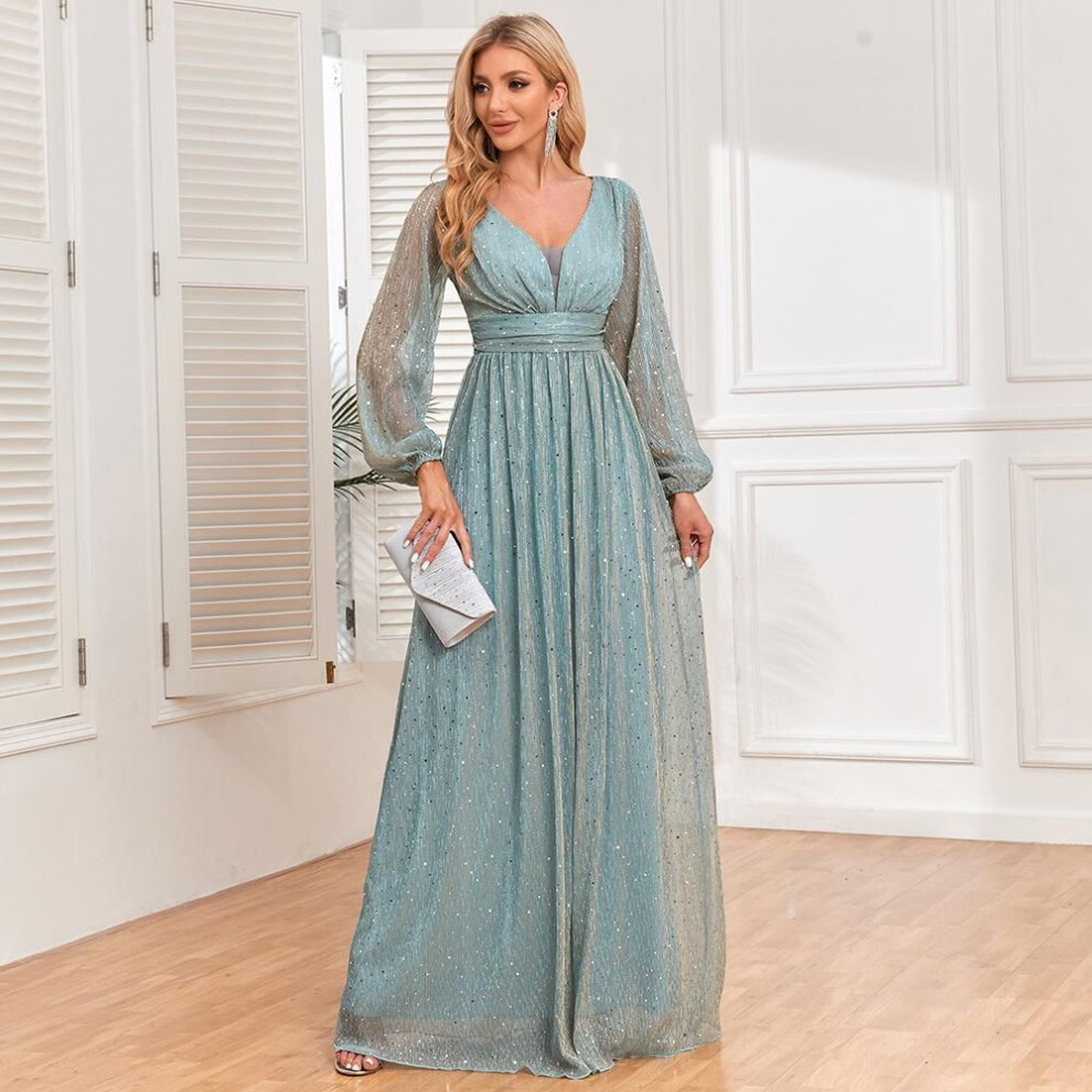 (light green, M) Gmxia Spring Autumn Women's Sparkly Pleated Elastic Perspective Long Sleeve V-neck A Skirt Full Lined Elegant Evening Dress