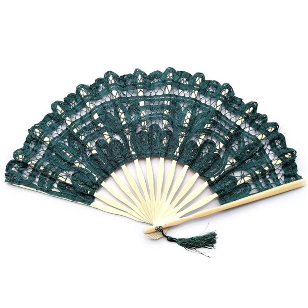 (dark green) Vintage Hand Fan Bamboo Wood Handmade Folding Fan Lace Embroidered Home Decoration Wedding Party