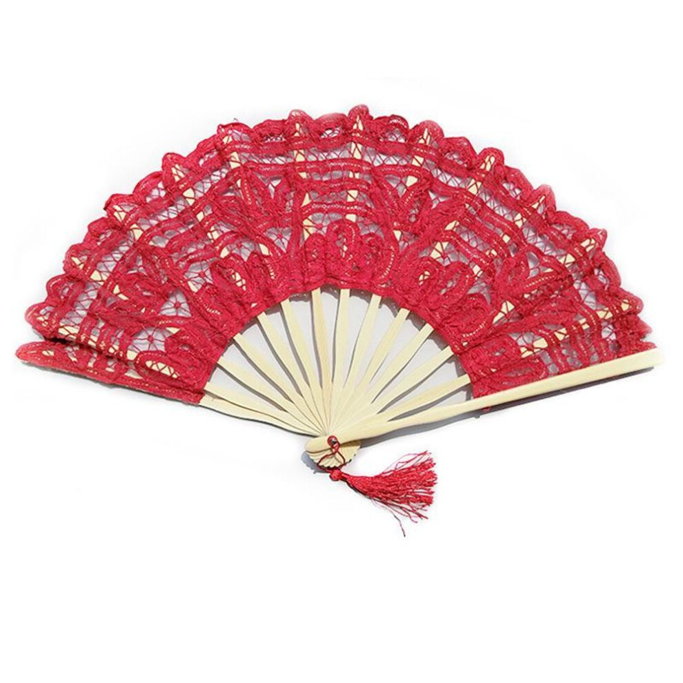 (red) Vintage Hand Fan Bamboo Wood Handmade Folding Fan Lace Embroidered Home Decoration Wedding Party