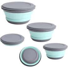Bol de camping pliable et portable en silicone avec couvercle, 3 pièces (vert, trois tailles)