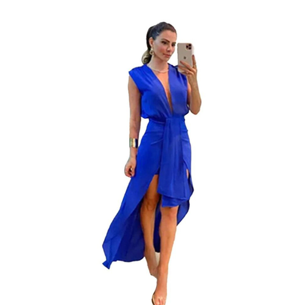 (royal blue, M) Women Spring Solid Color Sleeveless Deep V-neck Dress Summer Casual A-line High Waist Double Layered Irregular Long Dresses S-xl