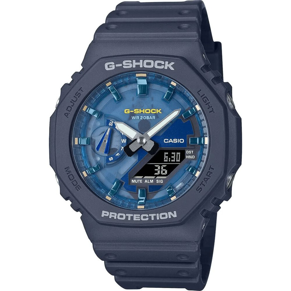 Casio G-shock Ga-2100as-2aer Men's Watch – 45.4mm Octagonal Carbon Core Guard, Analog-digital, 200m Water Resistance, Blue Resin Strap