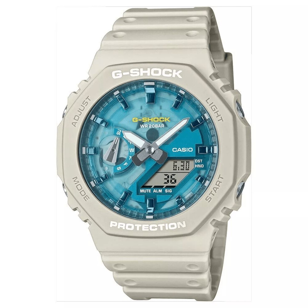 Casio G-shock Ga-2100as-5aer Men's Watch – 45.4mm Beige Carbon Core Guard, Blue Dial, Analog-digital Display, 200m Water Resistance