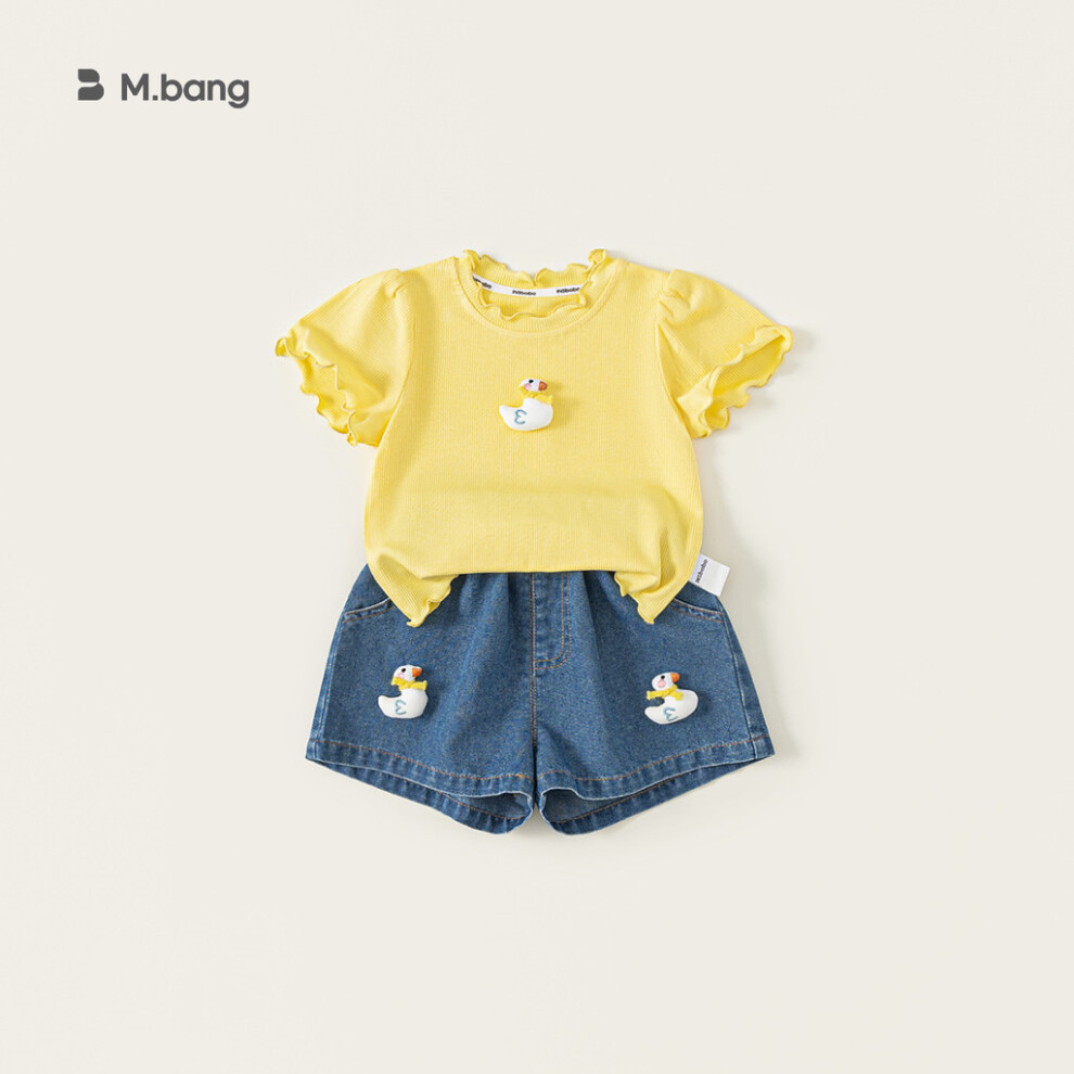 (80cm)Ensemble haut et short en jean fille bordé ondulé manches courtes avec décoration canard