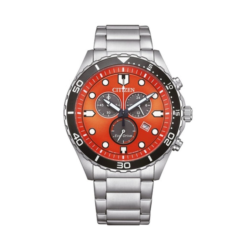 Citizen At2560-84x Men's Eco-drive Chronograph Watch - 43mm Orange Dial, Stainless Steel Bracelet