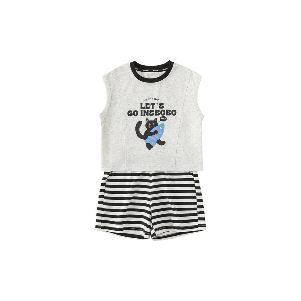 (Gray,90Cm)Pantalones Cortos A Rayas Y Manga Corta Con Patrones De Animales De Dibujos Animados Para NiñOs Conjunto De Dos Piezas-image