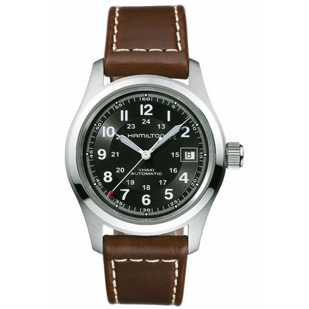 Hamilton Khaki Field Auto H70455533 Men's Watch - Black Dial, Brown Leather Strap