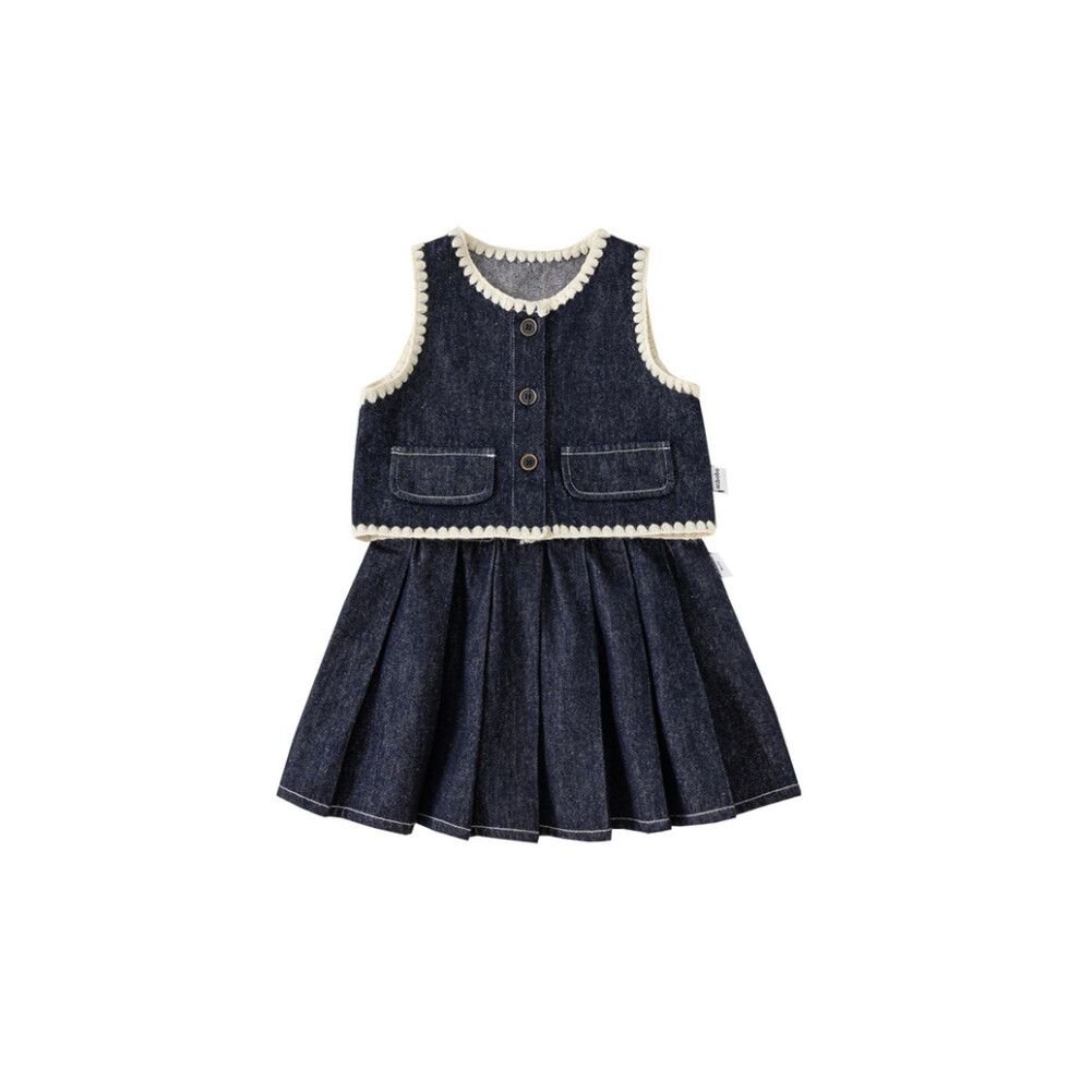 (130CM)Gilet sans manches fille enfant décontracté tenue denim été dentelle avec jupe plissée