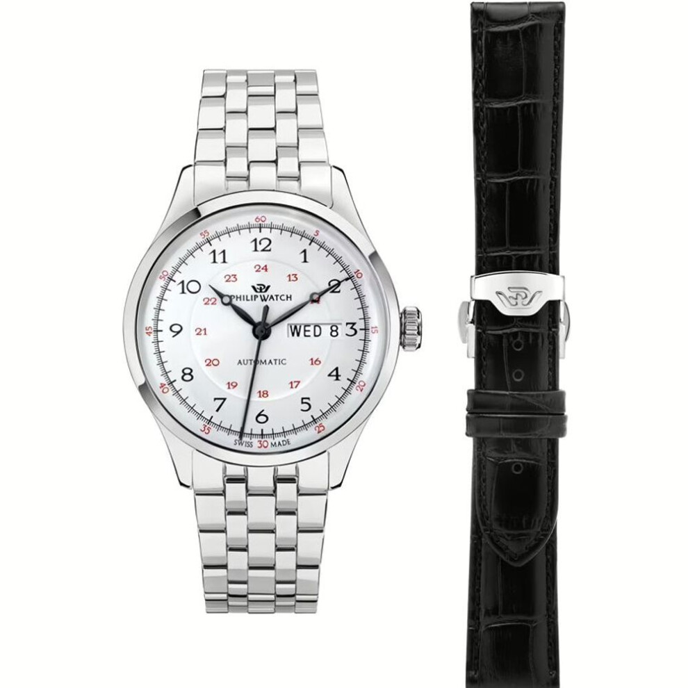Philip Watch Museum R8223225001 Men's Automatic Watch - Silver Case, Black Leather Strap