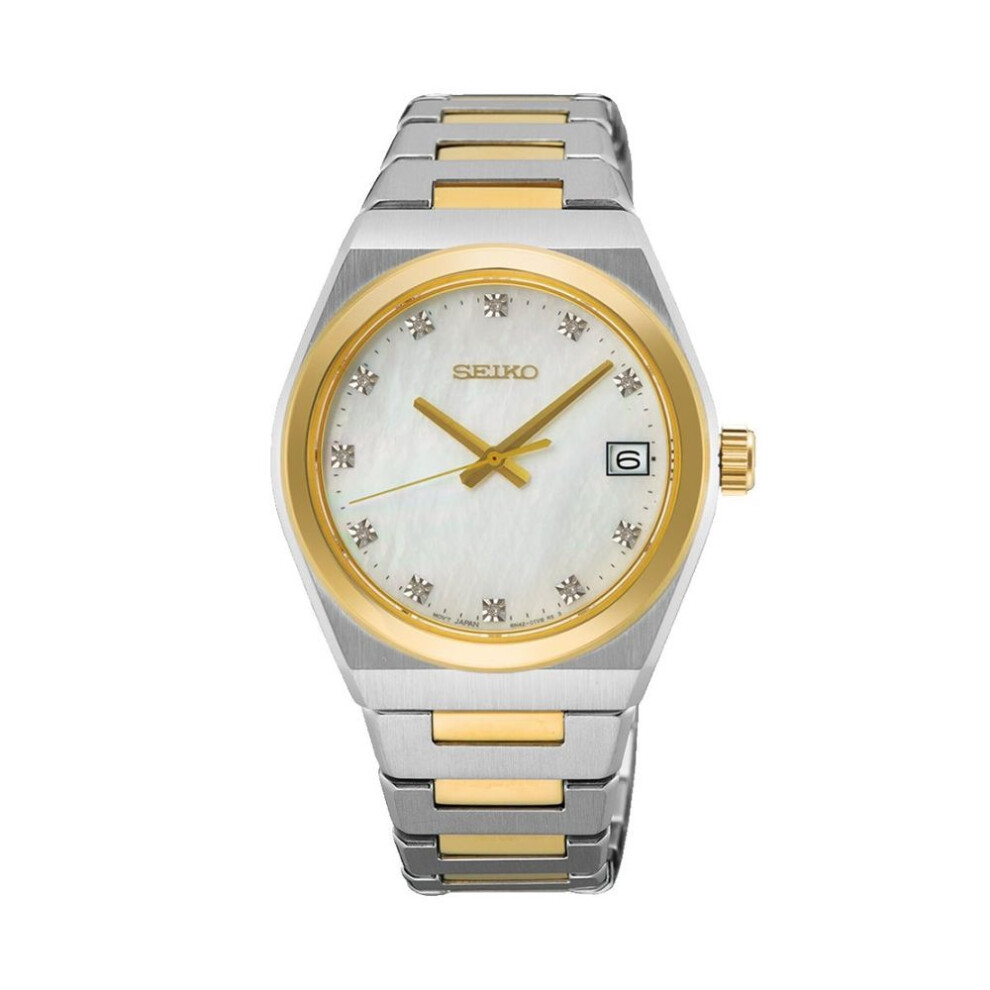 Seiko Sur604p1 Women's Quartz Watch – 34mm Two-tone Steel, Mop Dial, Diamond Markers