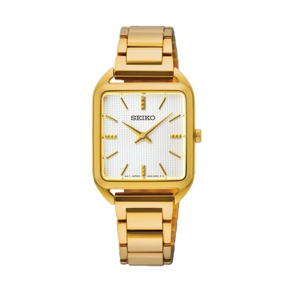 Seiko Swr078p1 Women's Quartz Watch - Gold-tone Rectangular Case, White Guilloché Dial