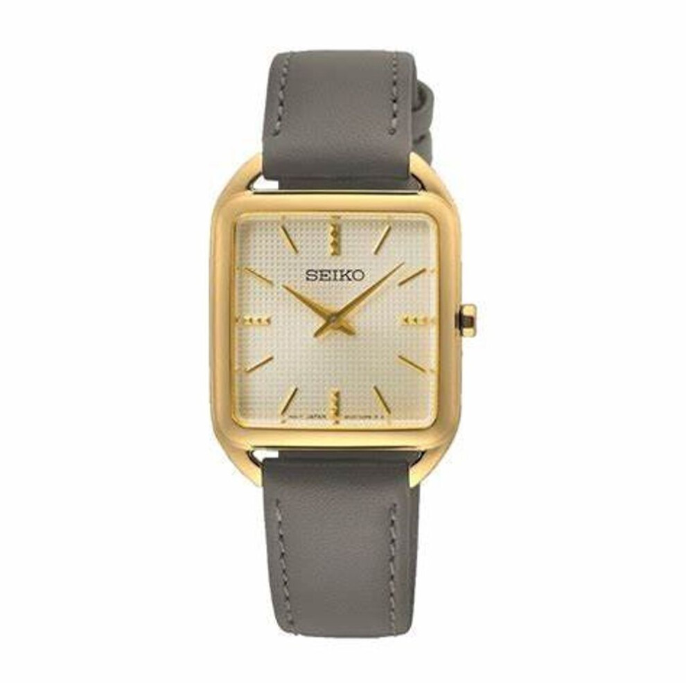 Seiko Swr090p1 Women's Quartz Watch, Beige Dial, Gold-tone Case, Grey Leather Strap