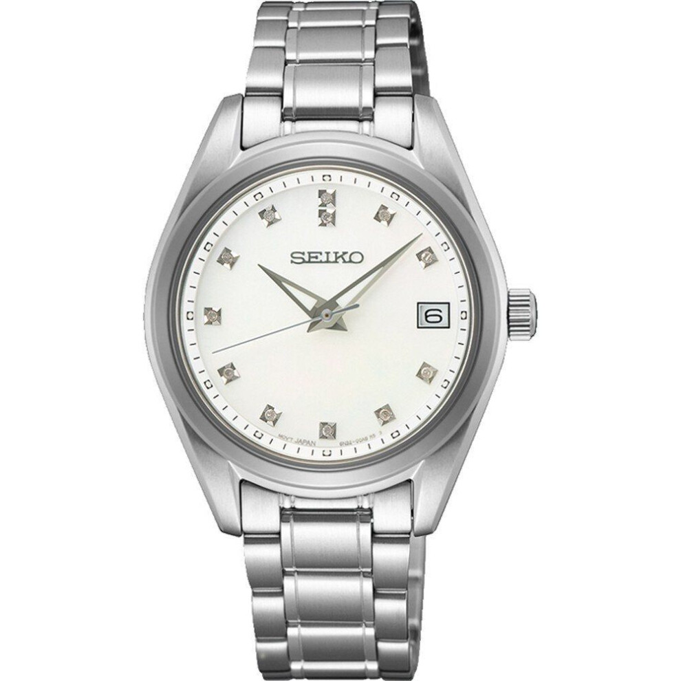Seiko Women's Quartz Watch Sur579p1 - 32mm Stainless Steel Case, Mother Of Pearl Dial With Diamond Hour Markers, Sapphire Crystal