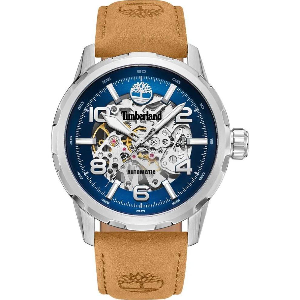 Timberland Montville Automatic Skeleton Men's Watch Tdwge0041801 – Silver-tone Case, Blue Skeleton Dial, Brown Leather Strap
