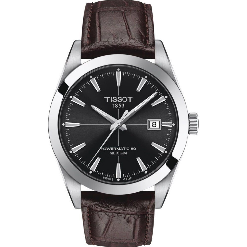 Tissot Gentleman Powermatic 80 Silicium Men's Watch - Black Dial, Stainless Steel Case, Brown Leather Strap