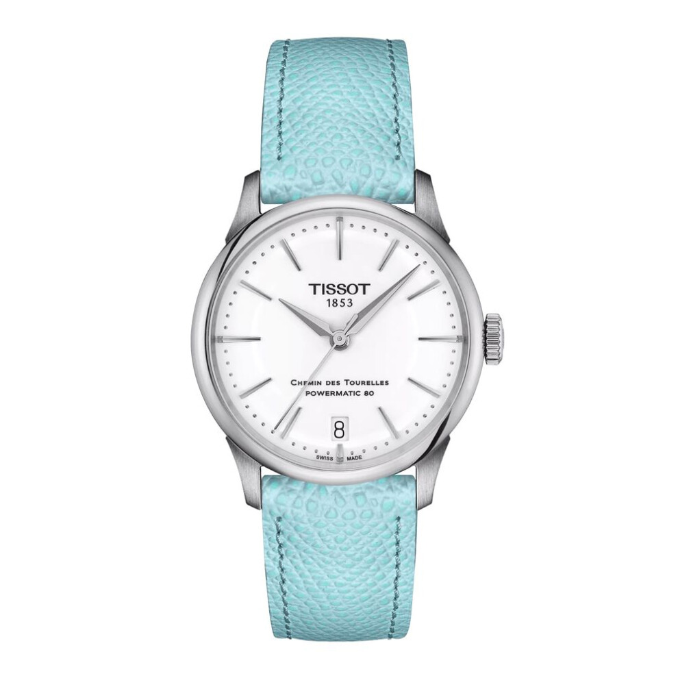 Tissot Chemin Des Tourelles Powermatic 80 Women's Watch - 34mm Stainless Steel Case, White Dial, Light Blue Leather Strap