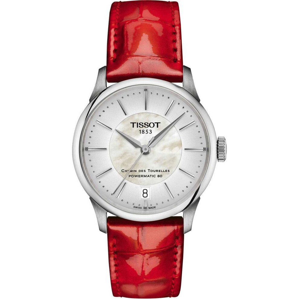 Tissot Chemin Des Tourelles Powermatic 80 Women's Watch T1392071611100 - 34mm, Mother-of-pearl Dial, Red Leather Strap