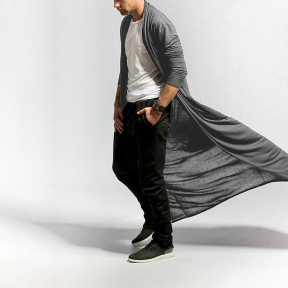 (grey, XXL) Windbreaker Cool Long Coat Ankle-length Solid Color Cardigan Wind Breaker Handsome Jacket Trench