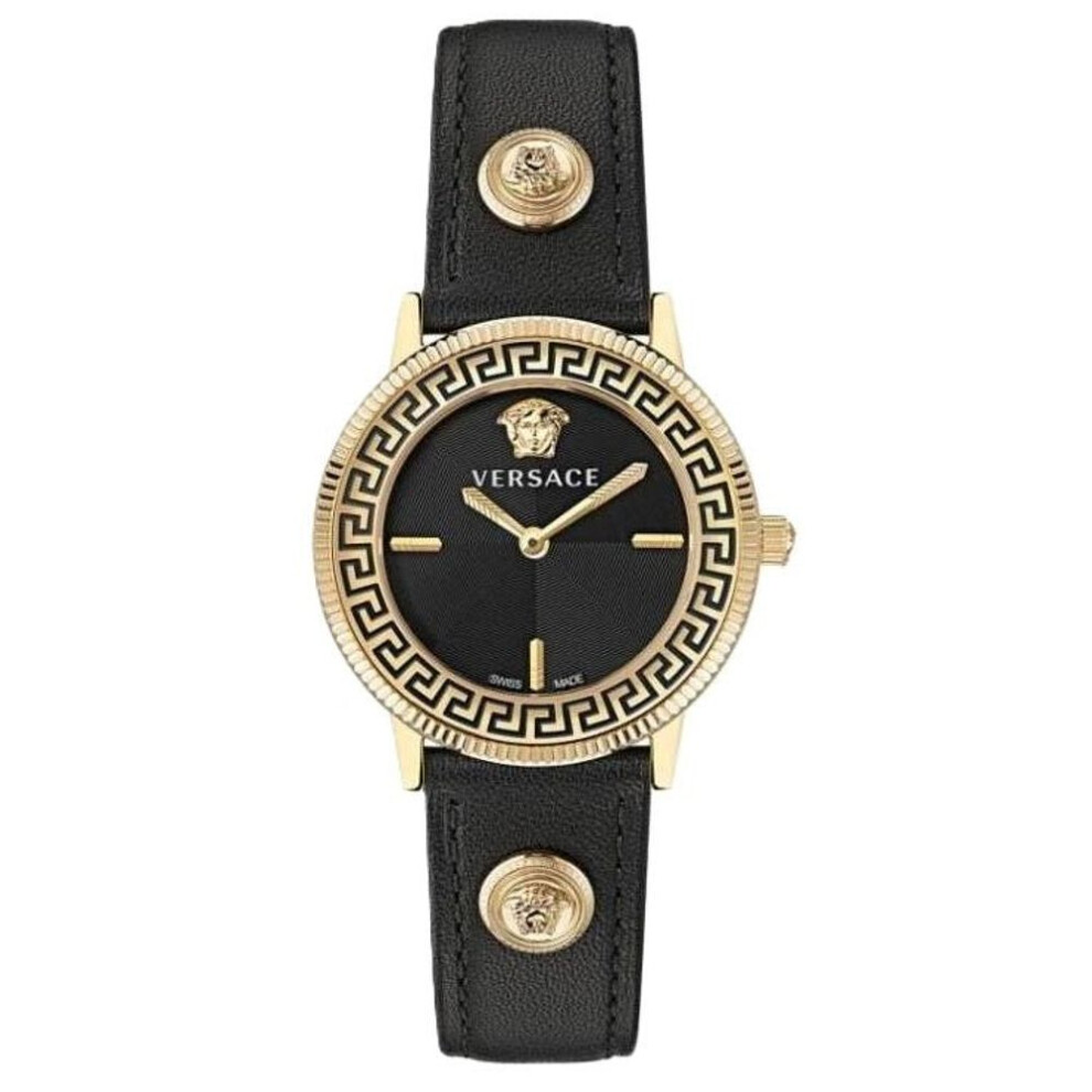 Versace V-tribute Ve2p00222 Women's Swiss Quartz Watch - Gold-tone Stainless Steel Case, Black Leather Strap, 36mm