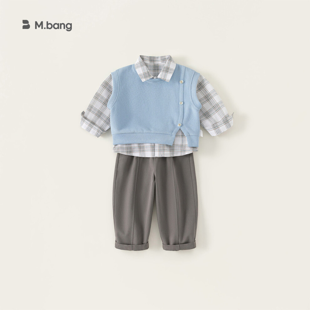 (Blue,140CM)Ensemble trois pièces gilet chemise rayé garçon pantalon long pour enfant vêtement mode