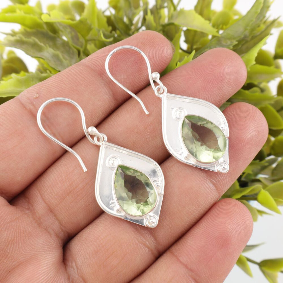 Green Amethyst 925 Solid Sterling Silver Earrings, Handmade Gemstone Earrings Jewelry, Gifts For Wife Brand New Earrings