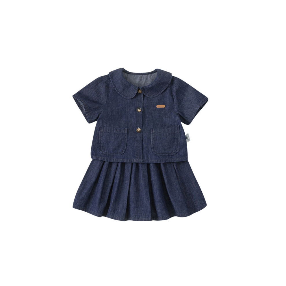 (140Cm)Lindo Conjunto De Dos Piezas Falda Corta Top Denim Informal Verano NiñOs Cuello MuñEca-image