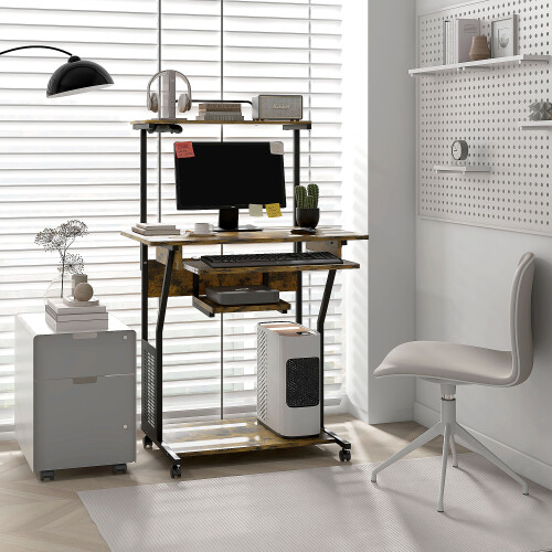 Homcom HOMCOM Rolling Computer Desk with Keyboard Tray Storage Shelves Rustic Brown