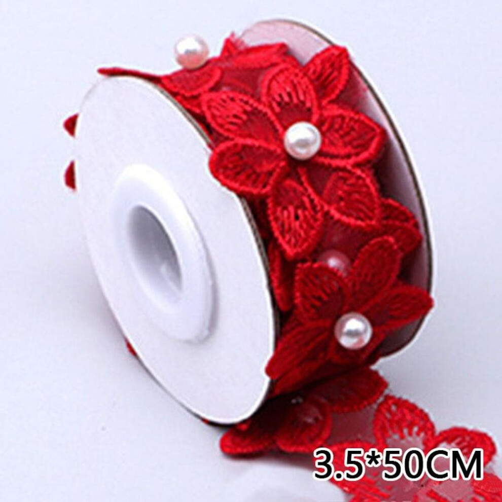(red, 3.5*50cm) 1 Roll Wedding Dress Flower Lace Embroidered Ribbon Pearl Diy Clothing Sewing