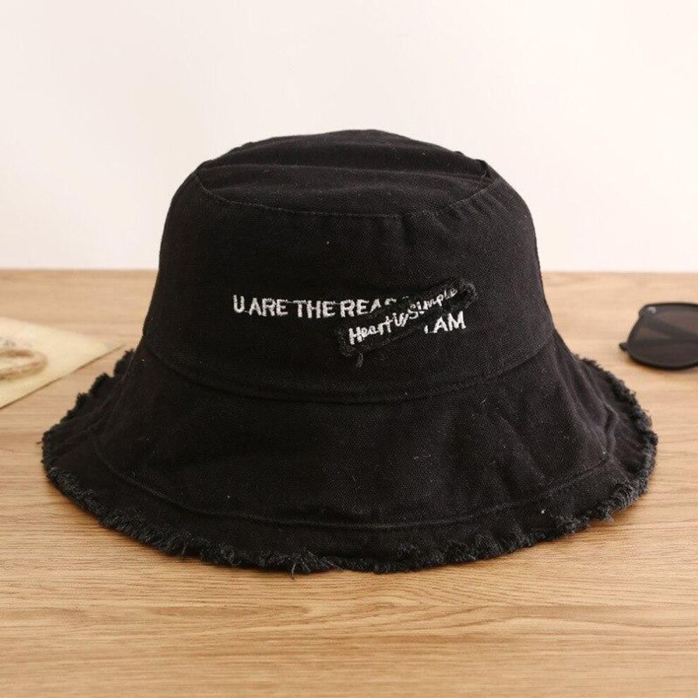 (black) Fashion Women Letter Cotton Bucket Hats Outdoor Sunscreen Fisherman Cap Sun Cap