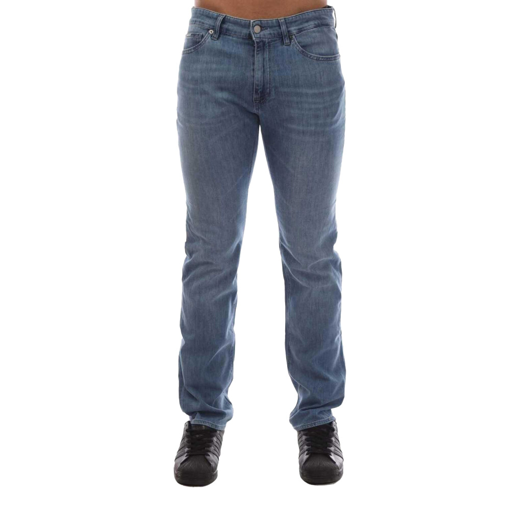 (30R, Turquoise) Boss Mens Maine3 Leather Badge Slim Jeans
