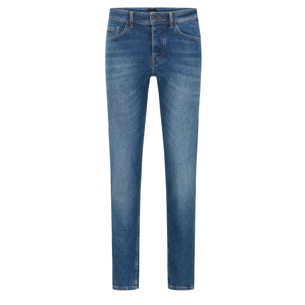 (30L, Blue) Boss Mens Leather Badge Tapered Jeans