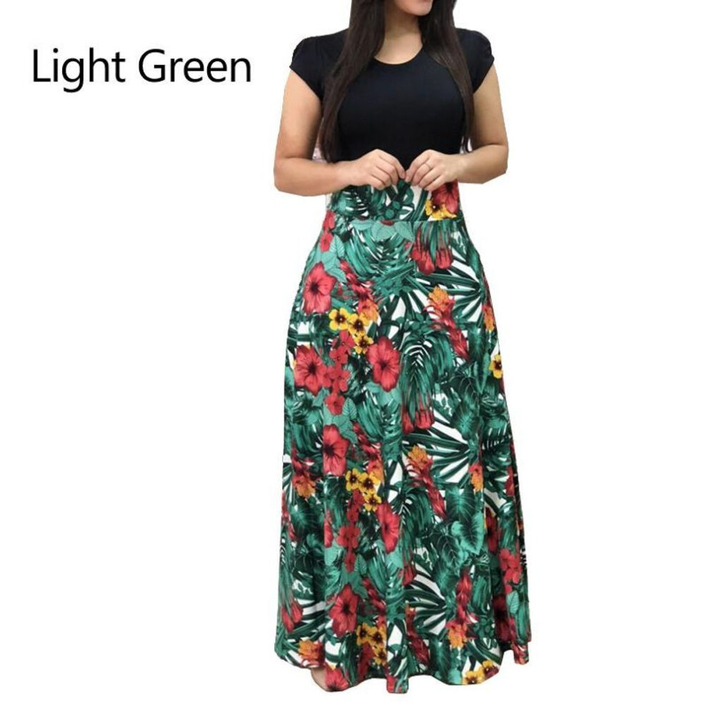 (light green, M) Women Short Sleeve Vintage Floral Dress Skirt Party Long Beach Clothes Maxi Crew Neck S-3xl