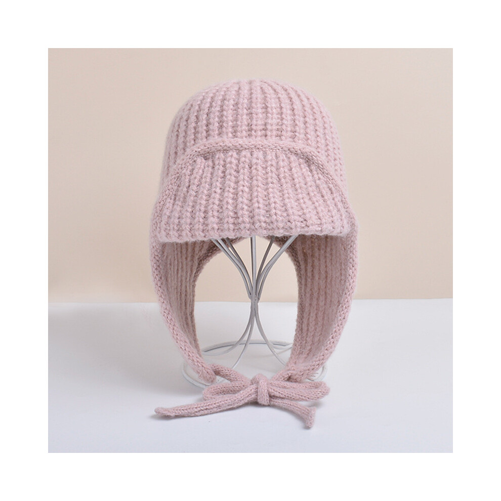 (Pink)Chapeau tricoté hiver protection oreille et motif couleur unie pour saisons froides Daiky
