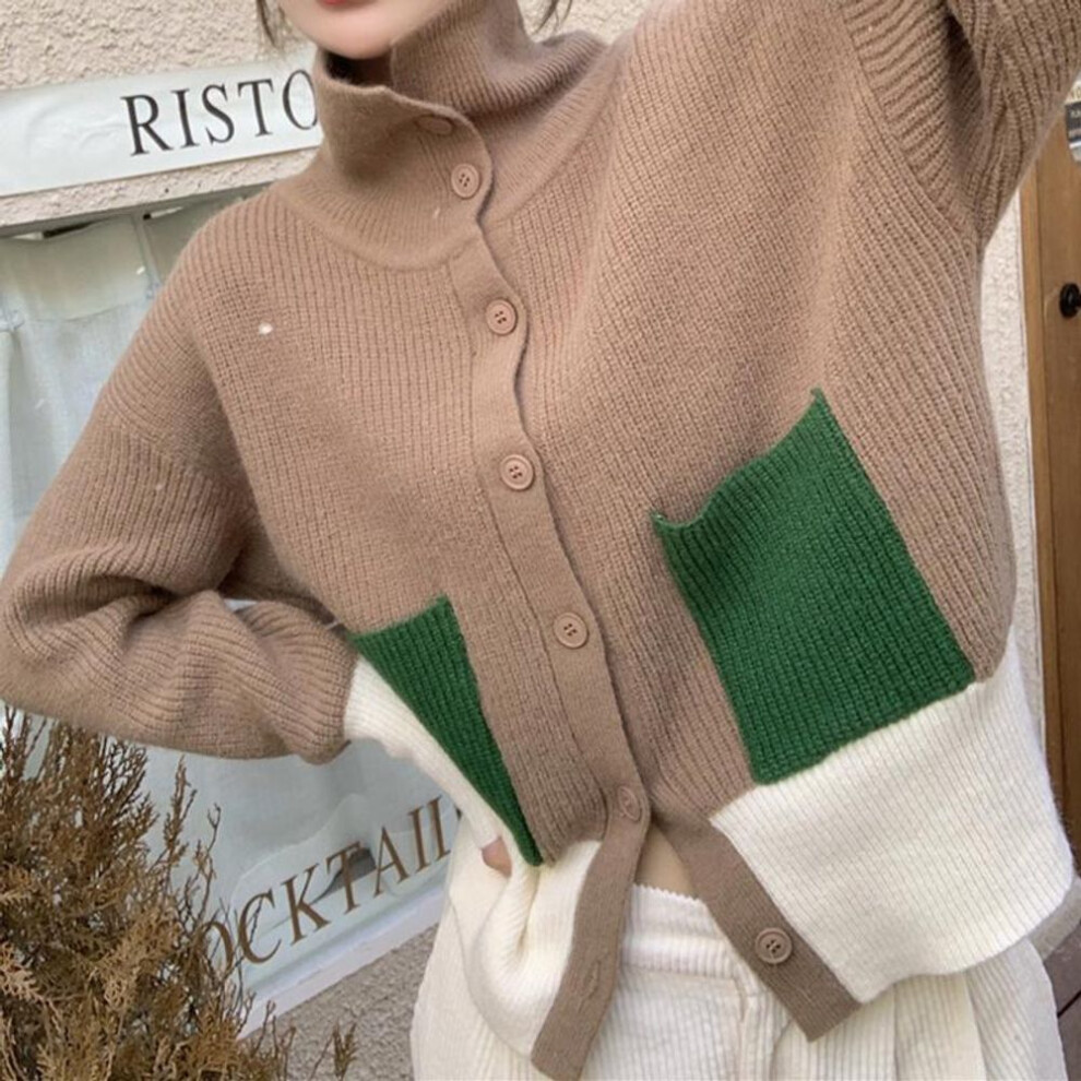 (One size, khaki) Autumn Winter Turtleneck Cardigan Women Single Breasted Pocket Knitted Sweaters Ladies Contrast Color Warm Jumper Outwear
