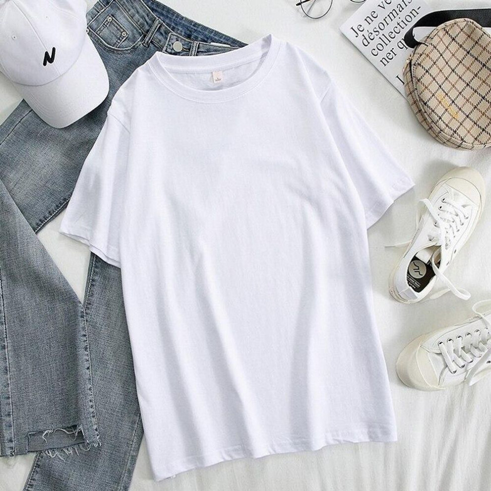 (L, white) New Women Cotton T-shirt Summer Oversized Solid Tees Candy Color Loose Tops