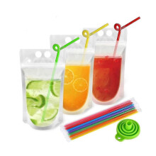 100Pcs Reusable Drink Pouches with 100 Individually Wrapped Straws for Adults Clear Drink Bags with