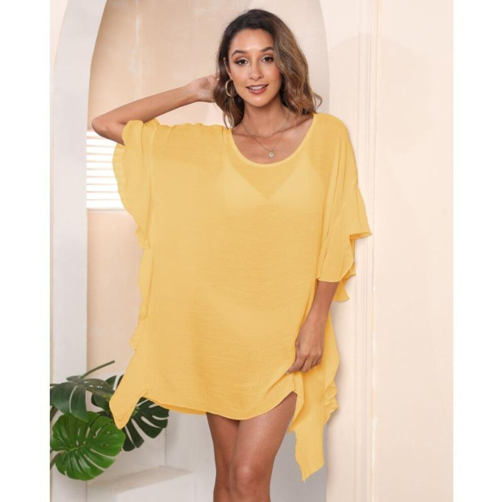 (One Size, yellow) Women's Dress Plus Size Ruffle Solid Color Simple Loose Beach Bikini Cover-up Swimwear Cover-ups