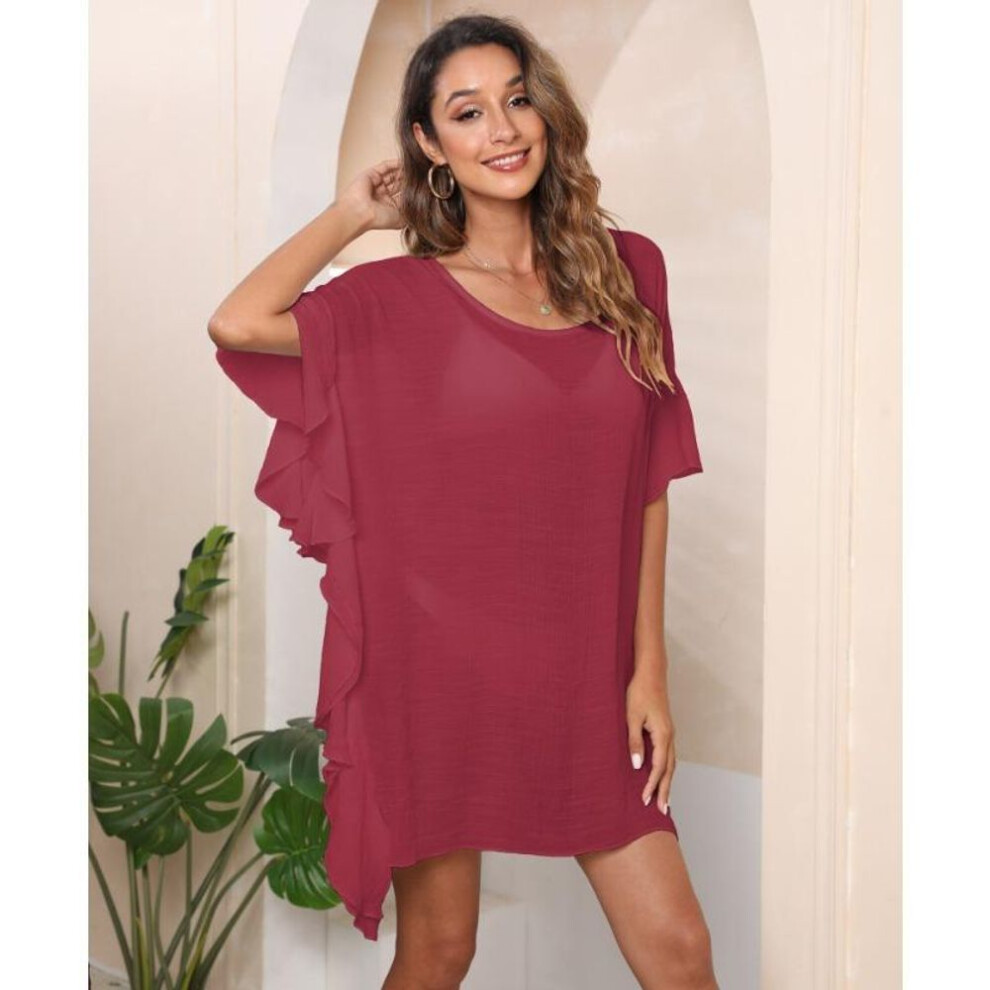 (One Size, burgundy) Women's Dress Plus Size Ruffle Solid Color Simple Loose Beach Bikini Cover-up Swimwear Cover-ups