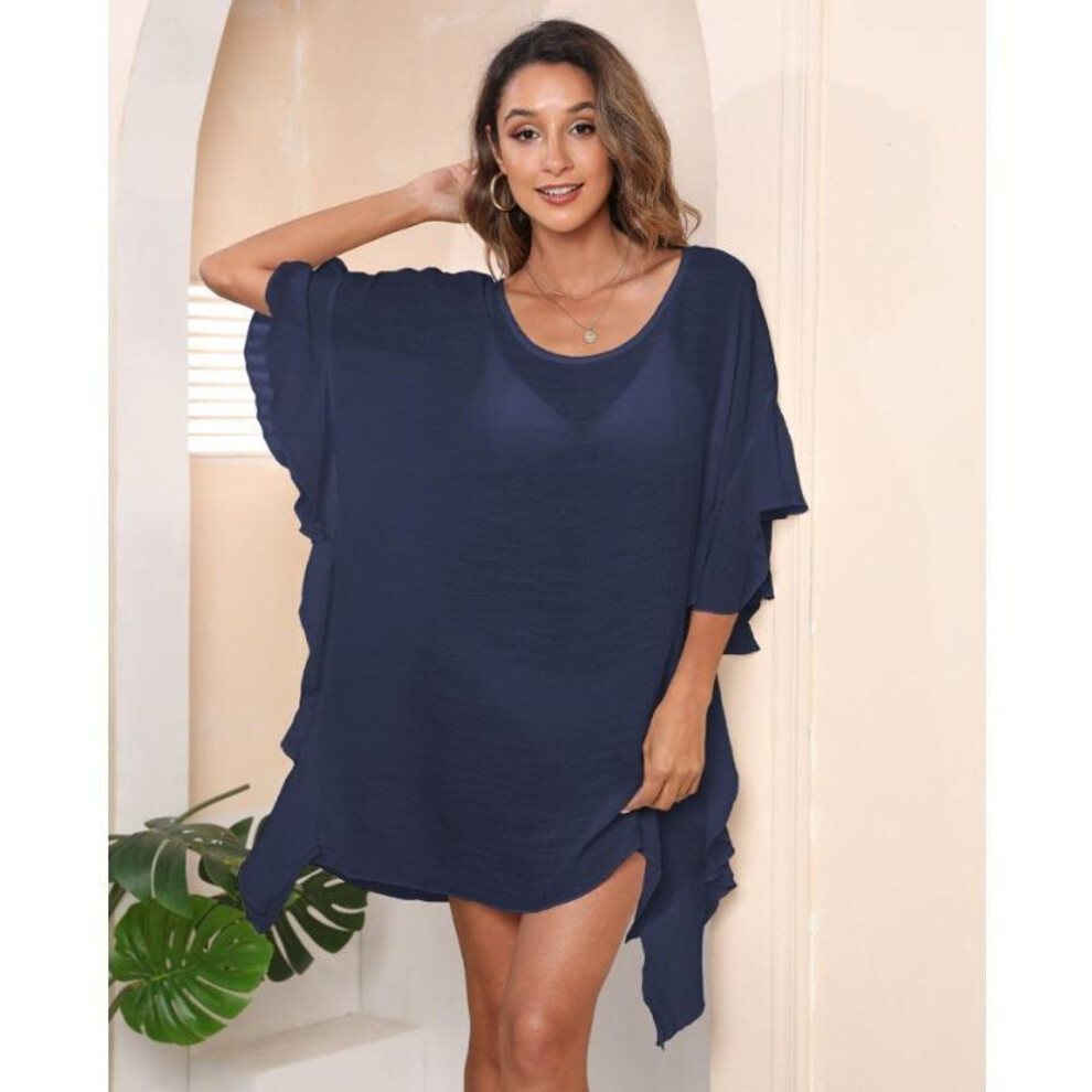 (One Size, blue) Women's Dress Plus Size Ruffle Solid Color Simple Loose Beach Bikini Cover-up Swimwear Cover-ups
