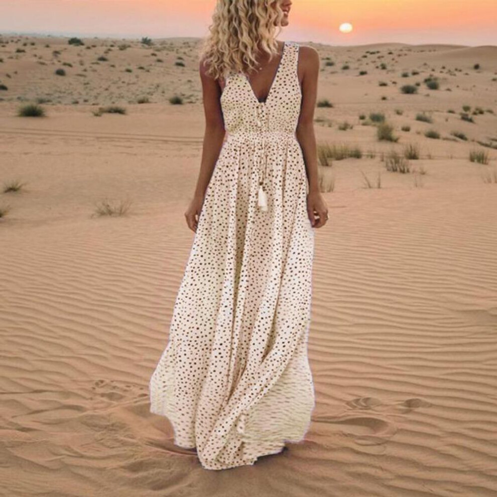 (beige, XXL) Fashion Summer New V Neck Sleeveless Long Holiday Beach Polka Dot Bohemian Dresses