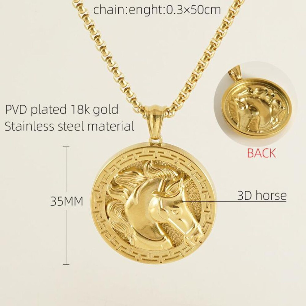 New Stainless Steel Horse Head Relief Design Round Brand Pendant Versatile Clavicle Chain Titanium Steel 18k Men And Women