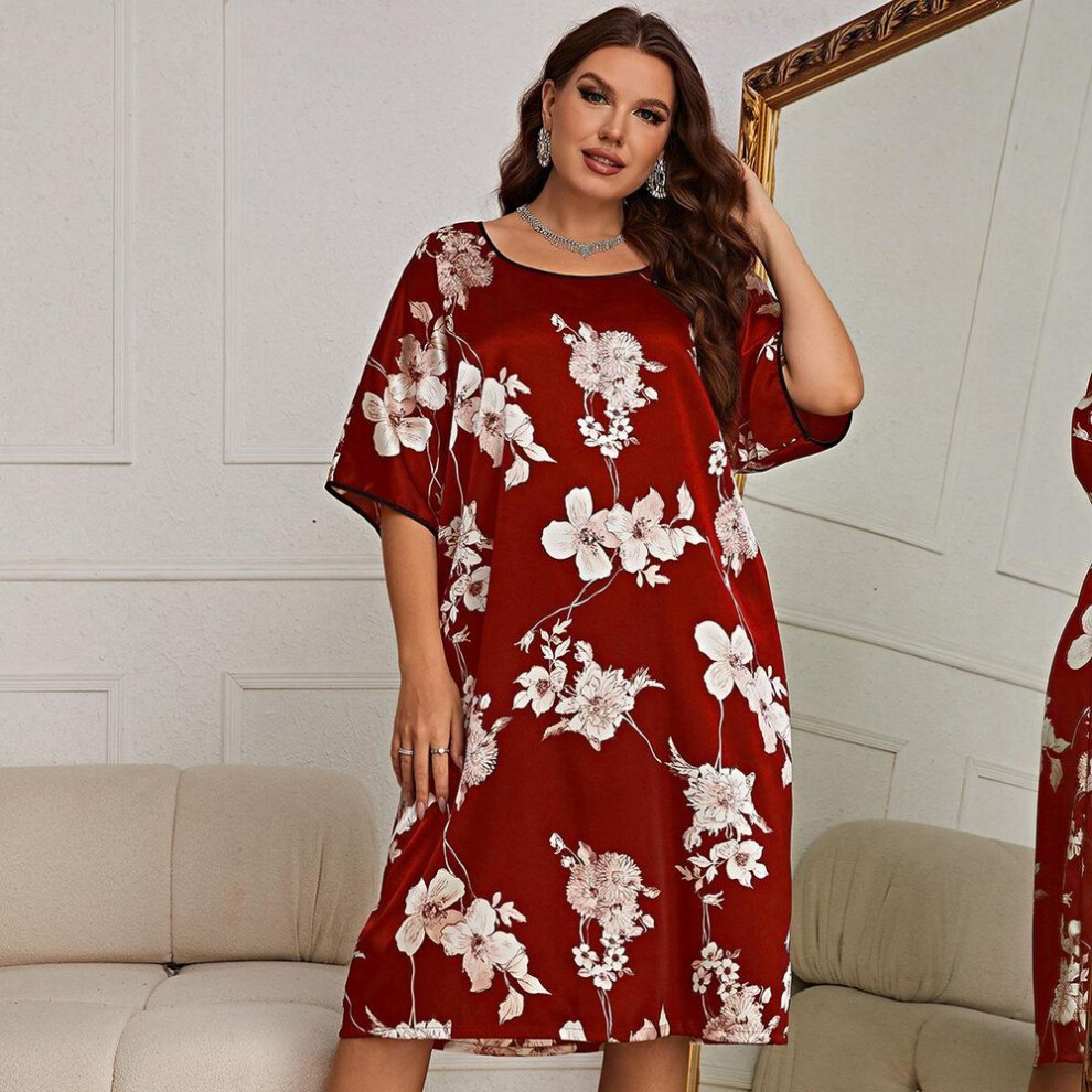 (red, 1XL) Women's Plus Size Nightgown Mid-length Printed Pullover Dress Homewear Ice Silk Nightgowns