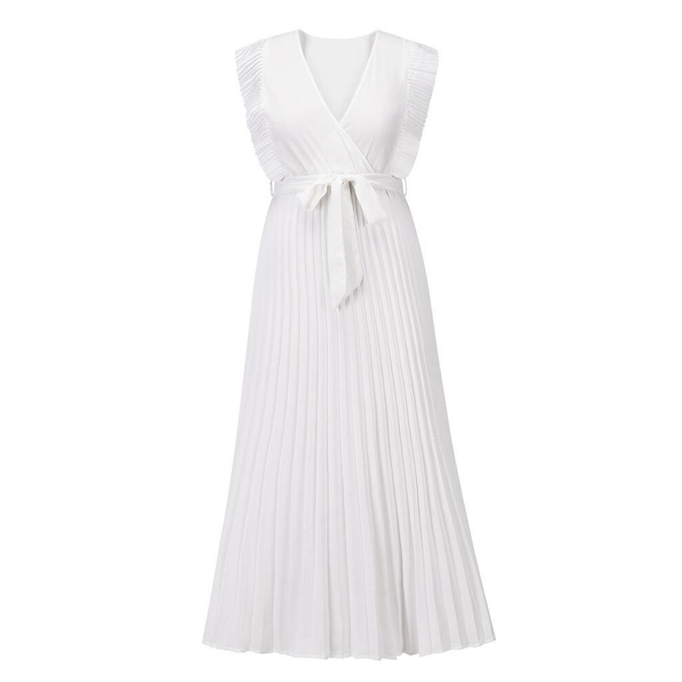 (white, XXL) Beach Slim Sexy Ruffle Sleeve Chiffon Pleated Solid Color Dresses