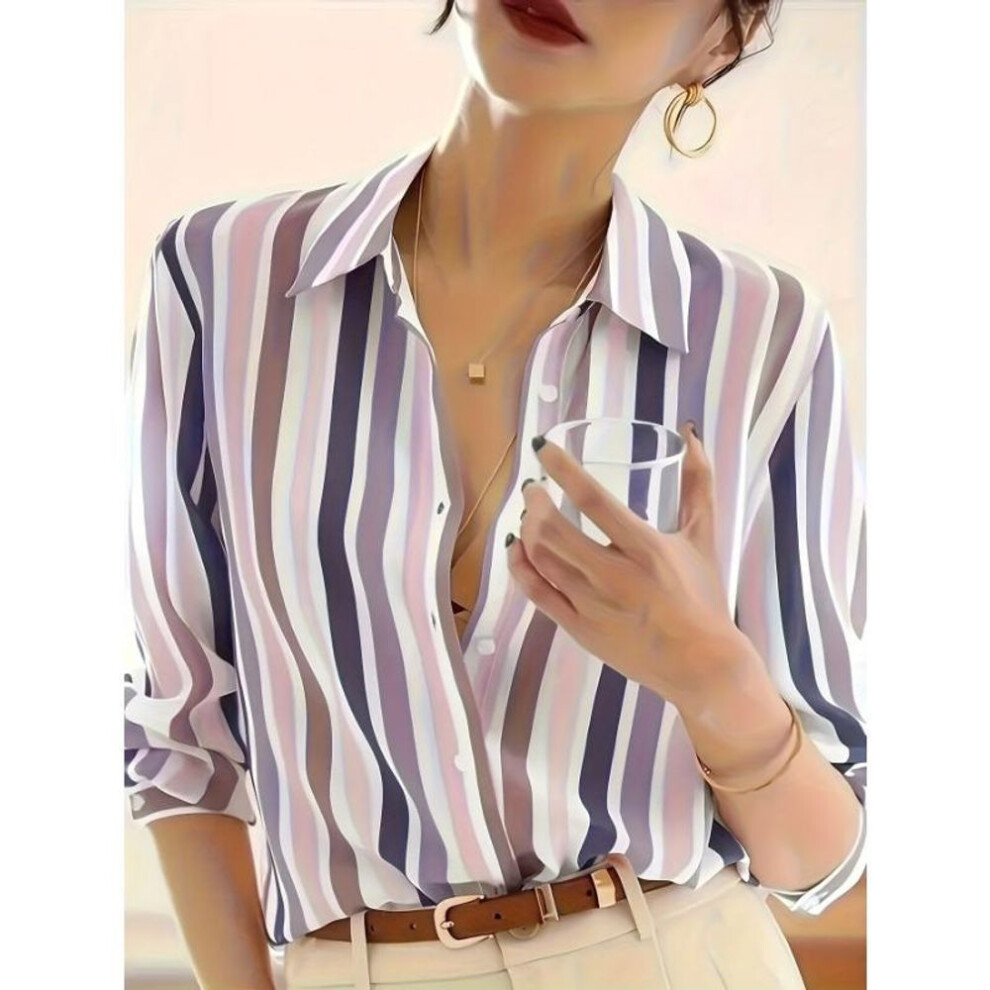 (S, purple) Women's Blusa Mujer Spring Autumn Blouses Fashion Trendy Print Ladies' Button-down Shirt Work Casual