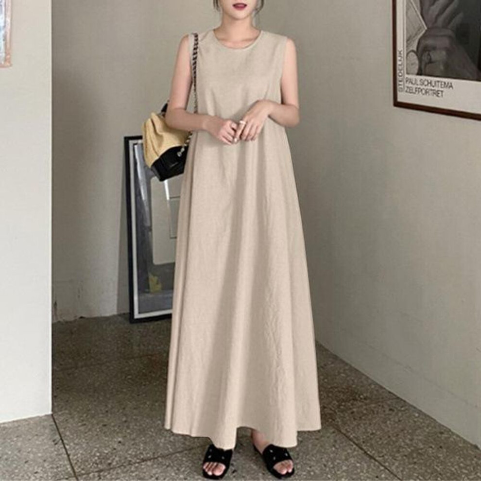 (khaki, M) Plus Size Summer Women's Cotton Linen Long Halter Dress Loose Pocket Round Neck Temperament Sleeveless Big Swing Dresses